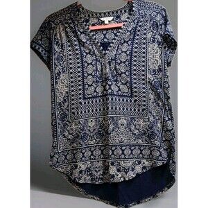 Lucky Brand Boho Blue V-Neck Top S Hippie Festival Blouse Bandana Print EUC